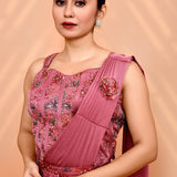 Vintage Pink Satin Silk Floral Draped Saree