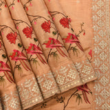 Charming Peach Organza Tissue Saree With Hand-Embroidered Floral Garden & Bird Motifs