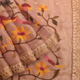 Enchanting Dusty Rose Designer Organza Tissue Saree With Embroidered Floral & Bird Motifs