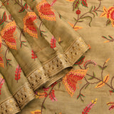Olive Green Organza Tissue Embroidered Saree With Floral And Butterfly Motifs