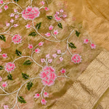 Beige Embroidered Tissue Saree With Pink Rose Vine