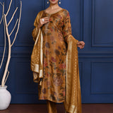 Earthy Brown Floral Printed Tissue Kurta Set