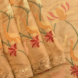 Pastel Yellow Sheer Organza Printed Saree With Multicolour Floral Clusters And Woven Gold Zari Border