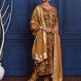 Earthy Brown Floral Printed Tissue Kurta Set