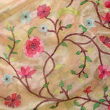 Beige Organza Saree With Dense Multicolour Floral Vine Embroidery And Gold Sequin Border
