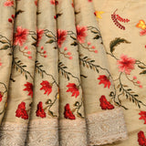 Graceful Beige Organza Tissue Saree With Hand-Embroidered Botanical Floral Design
