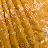 Vibrant Yellow Organza Tissue Saree With Hand-Embroidered Roses, Birds & Botanical Design