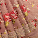 Elegant Mauve Organza Tissue Saree With Gold Embroidered Floral & Vine Design