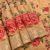 Exquisite Beige Organza Tissue Saree With Hand-Embroidered Large Rose Florals & Gold Border