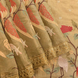 Elegant Golden Organza Tissue Saree With Hand-Embroidered Birds & Floral Motifs