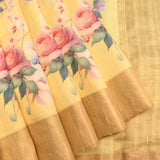 Pastel Lemon Yellow Sheer Organza Printed Saree With Watercolor English Rose Motifs And Gold Zari Border