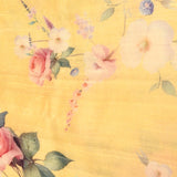 Pastel Lemon Yellow Sheer Organza Printed Saree With Watercolor English Rose Motifs And Gold Zari Border