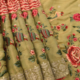 Elegant Olive Green Organza Tissue Saree With Hand-Embroidered Roses, Birds & Gold Border