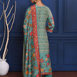 Turquoise Blue Printed Tussar Silk Kurta Set