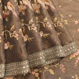 Sophisticated Brown Cotton Saree With Hand-Embroidered Floral, Birds & Pichwai Design