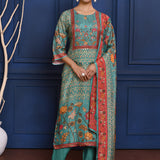 Turquoise Blue Printed Tussar Silk Kurta Set