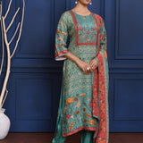 Turquoise Blue Printed Tussar Silk Kurta Set