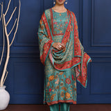 Turquoise Blue Printed Tussar Silk Kurta Set