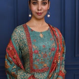 Turquoise Blue Printed Tussar Silk Kurta Set