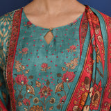 Turquoise Blue Printed Tussar Silk Kurta Set