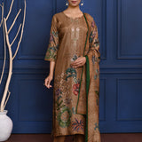 Earthy Brown Printed Tussar Silk Kurta Set