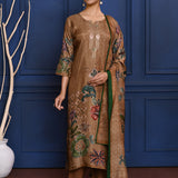 Earthy Brown Printed Tussar Silk Kurta Set