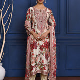 White Floral Printed Crepe Silk Kurta Set