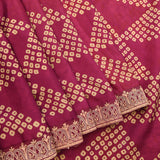 Bandhani Printed Saree In Burgundy With Gold Zari Border