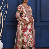White Floral Printed Crepe Silk Kurta Set