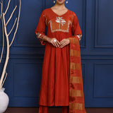 Crimson Red Floral Embroidered Silk Anarkali Set