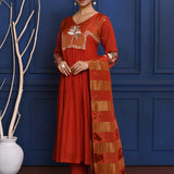 Crimson Red Floral Embroidered Silk Anarkali Set