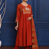 Crimson Red Floral Embroidered Silk Anarkali Set
