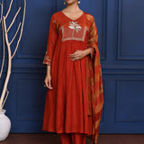 Crimson Red Floral Embroidered Silk Anarkali Set