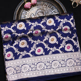 Navy Blue Banarasi Silk Saree With Silver Zari Floral Jaal Weave