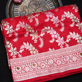 Bright Red Banarasi Silk Saree With Silver Zari Floral Vine Weave