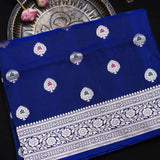 Royal Blue Banarasi Silk Saree With Silver Zari Booti And Temple Border