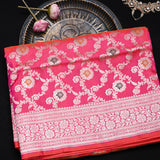 Rani Pink Banarasi Silk Saree With Silver Zari Floral Jaal Weave