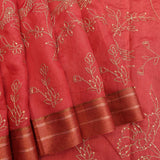 Vibrant Peach Cotton Saree With Hand-Embroidered Gold Beaded Floral Motifs