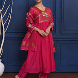 Classic Pink Floral Embroidered Silk Anarkali Set