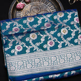 Peacock Teal Banarasi Silk Saree With Silver Zari Jaal Weave And Contrast Blue Pallu