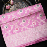 Baby Pink Banarasi Silk Saree With Gold Zari Floral Jaal Weave