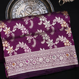 Magenta Purple Banarasi Silk Saree With Silver Zari Floral Vine Weave