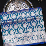 Blue Banarasi Silk Saree With Silver Zari Leaf Butti