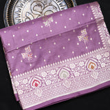 Lavender Banarasi Silk Saree With Silver Zari Booti Body And Floral Contrast Border