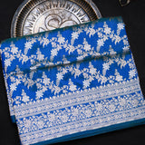 Royal Blue Banarasi Silk Saree With Silver Zari Floral Jaal And Diamond Lattice Pallu