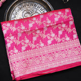 Coral Pink Banarasi Silk Saree With Silver Zari Floral Jaal Weave