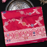 Rani Pink Banarasi Silk Saree With Silver Zari Star Floral Booti And Lattice Pallu