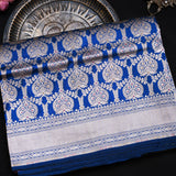 Royal Blue Banarasi Silk Saree With Gold Zari Paisley Jaal And Chevron Pallu