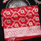 Bright Red Banarasi Silk Saree With Silver Zari Floral Booti Weave