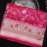 Pink Banarasi Silk Saree With Multicolour Floral Weave And Beige Contrast Border